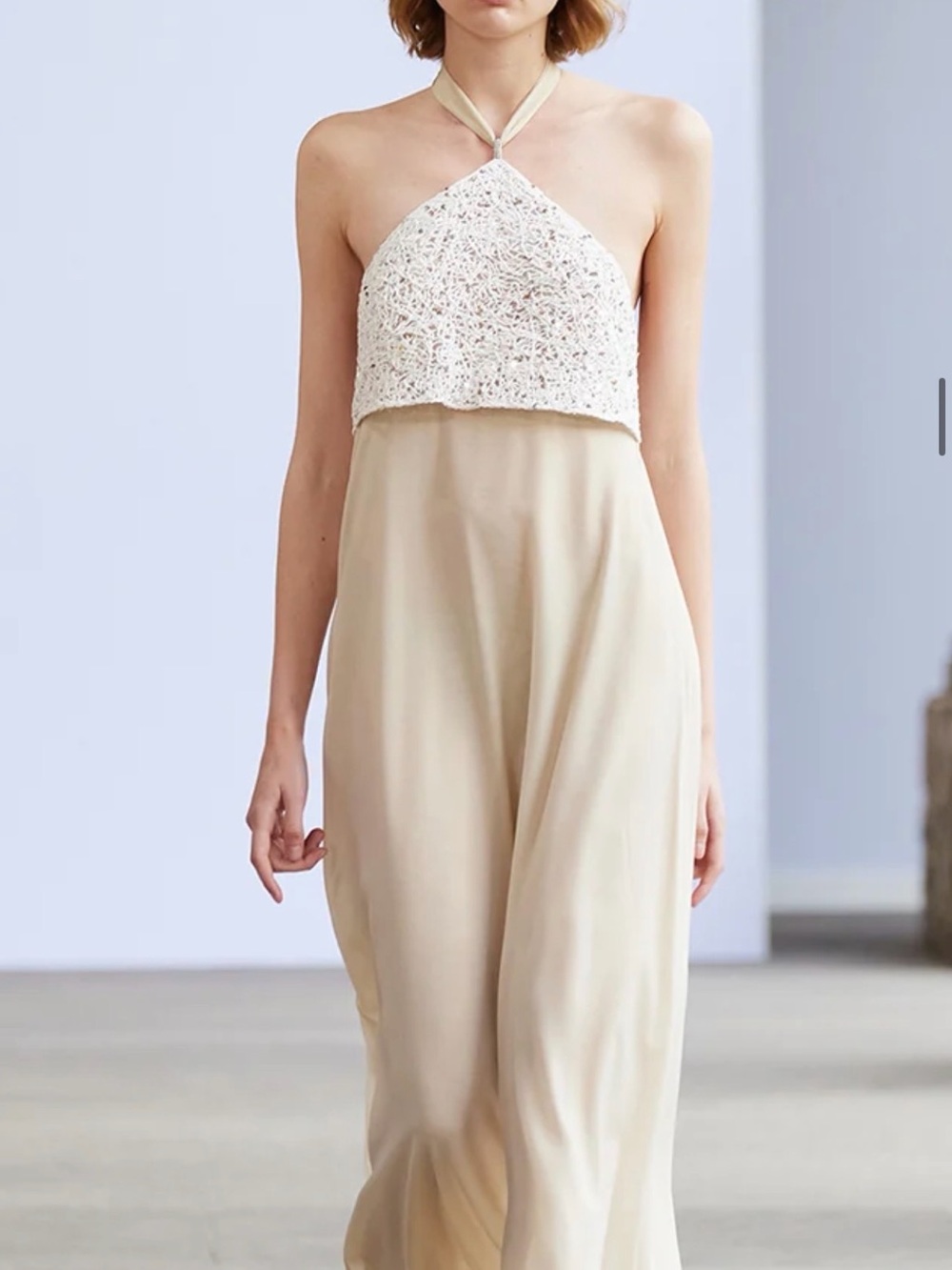 Peserico Cream Gold Halter dress with crochet
